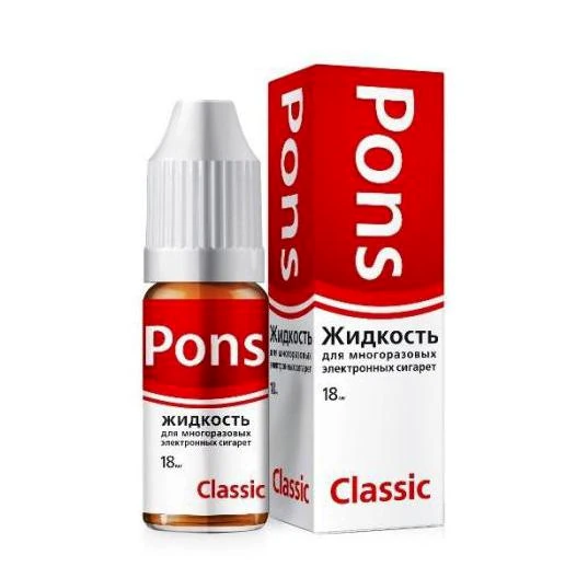 Historical bottle and box of Pons Classic electronic cigarette liquid