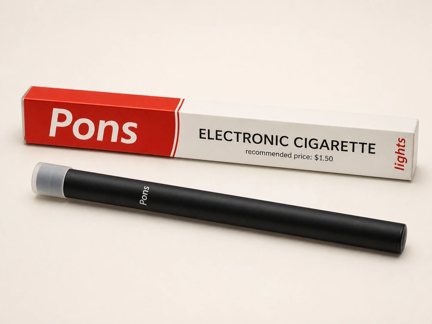 English studio reconstruction of the early Pons electronic cigarette and lights package