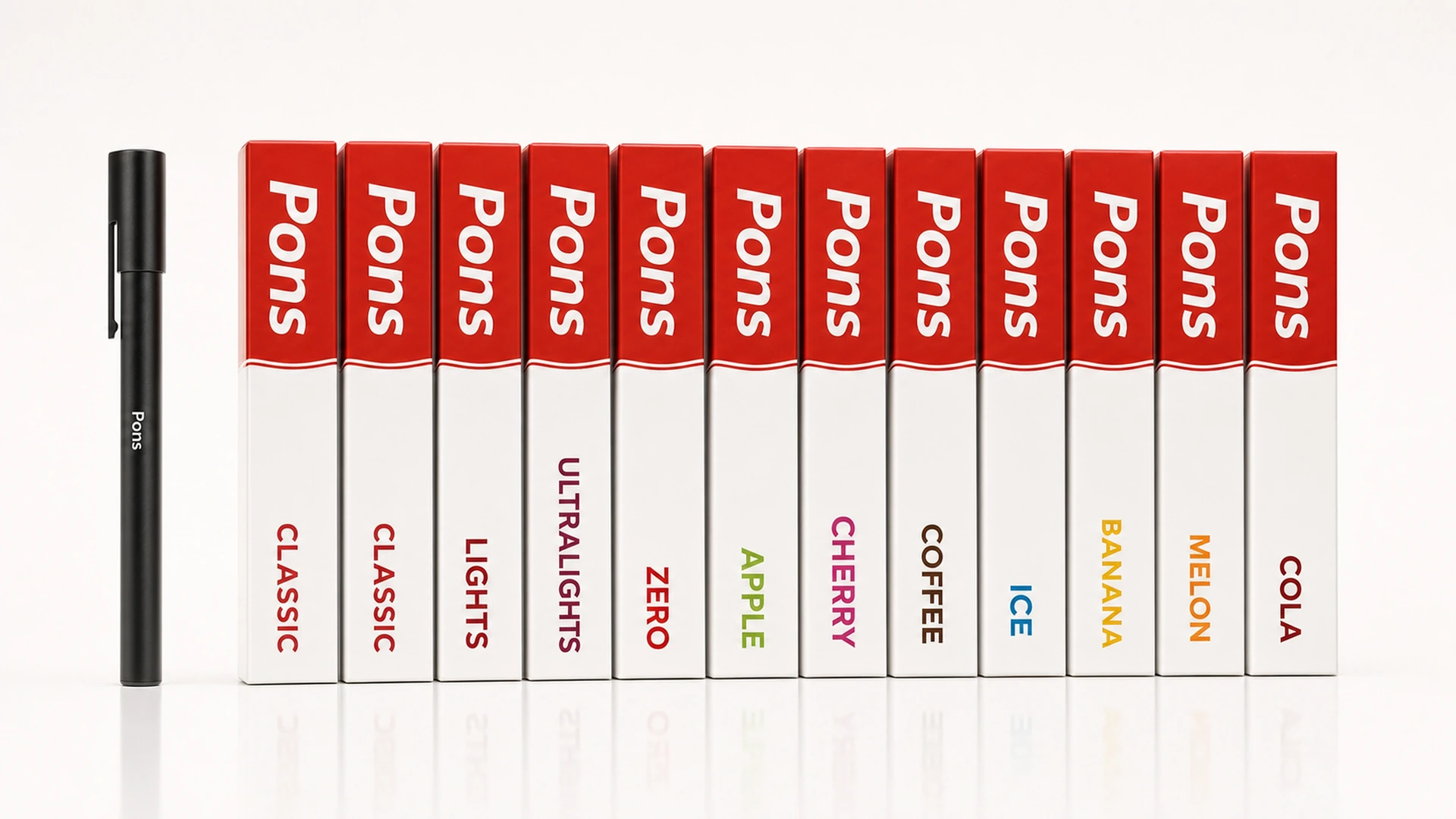 English studio reconstruction of the Pons lineup with Classic, Lights, Zero, Apple, Cherry, Coffee, Ice and other variants