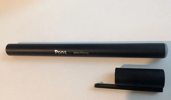 Archived photograph of a black Pons Wild Cherry electronic cigarette with its cap removed